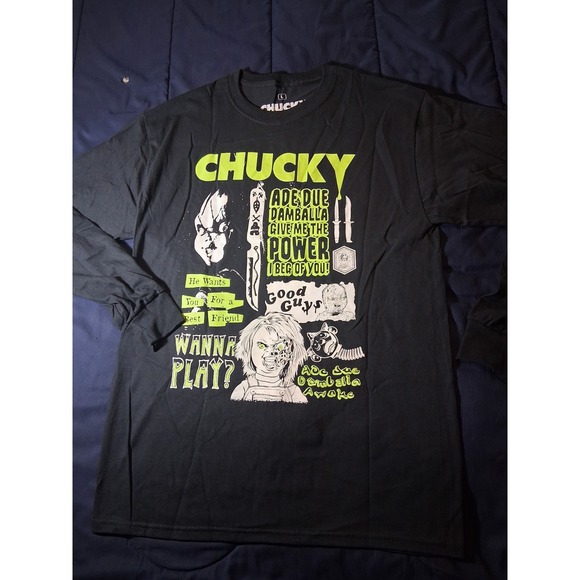 Chucky Other - Chucky Wanna Play Graphic T shirt Mens Large Black Long Sleeve Horror Halloween